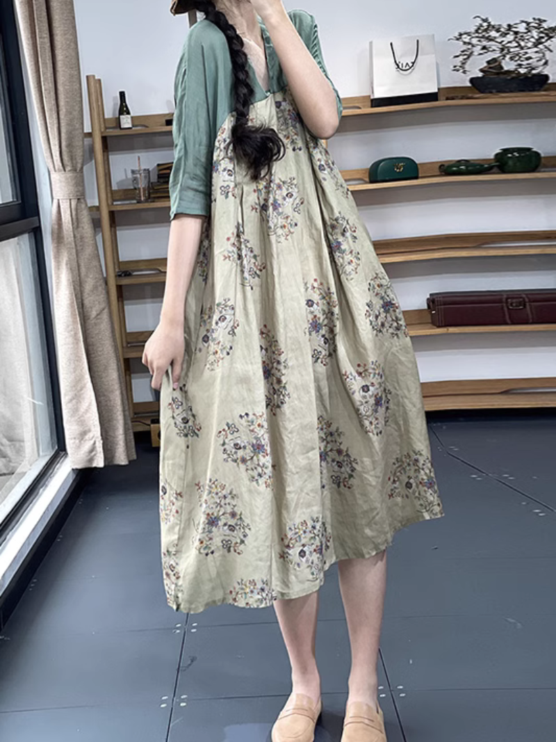 V-Neck Floral Print Sleeveless Loose A-Line Midi Dress 4