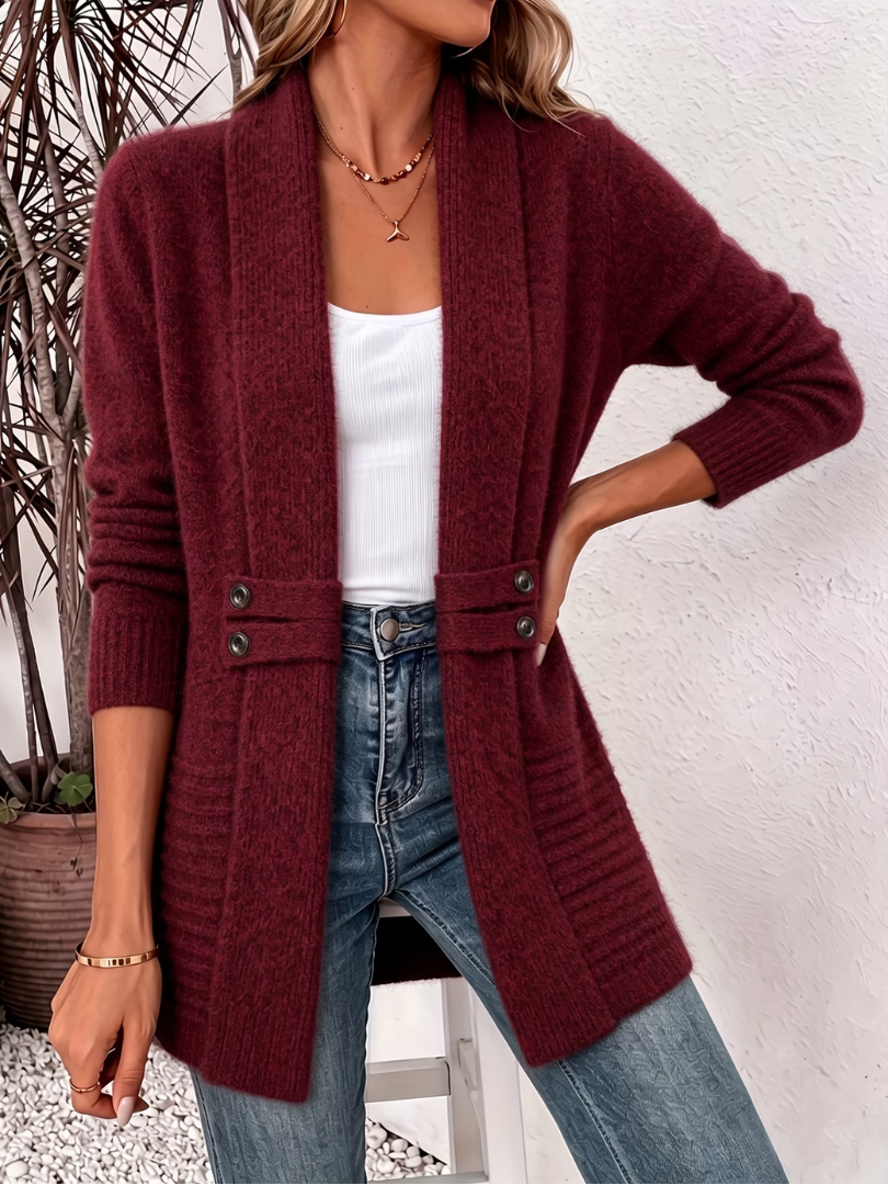 Shawl Collar Long Sleeve Open Front Button Tab Knit Cardigan 3