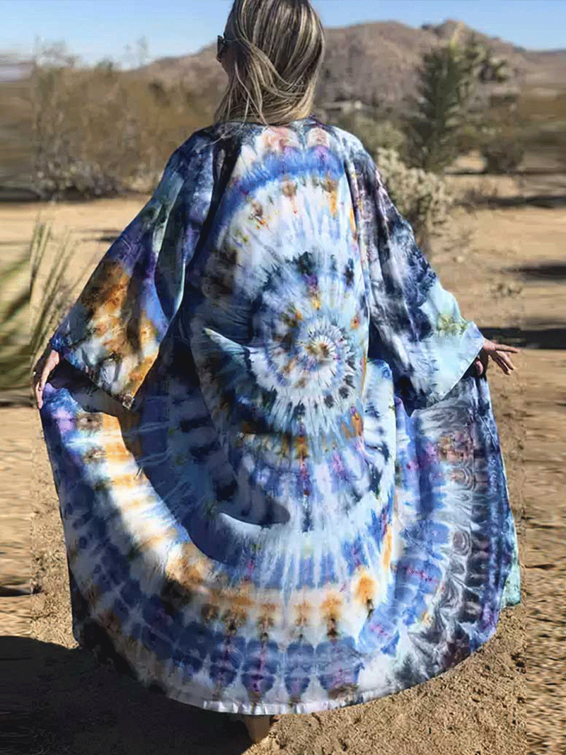 Multicolor Tie-Dye Print Open Front Wide Sleeve Long Duster Kimono 4