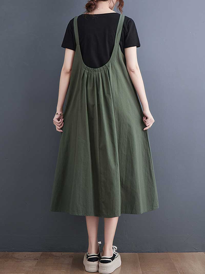 Wide Strap Cotton Loose A-Line Pinafore Midi Dress 3