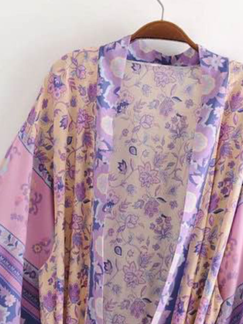 Violet Bohemian Floral Print Belted Long Kimono Robe