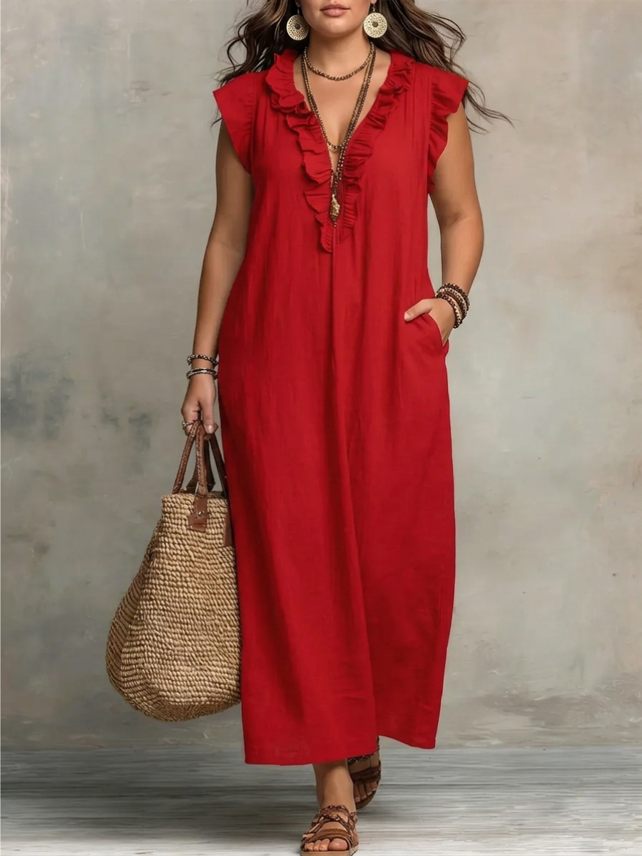 Ruffle V-Neck Flutter Sleeve Linen Relaxed Maxi Dress 8