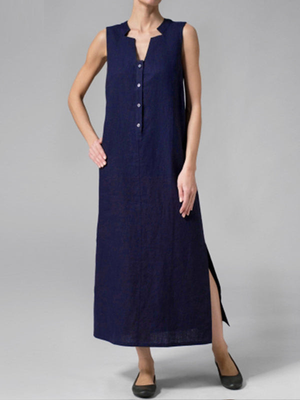 V-Neck Half Button Sleeveless Side Slit Linen Maxi Dress 2