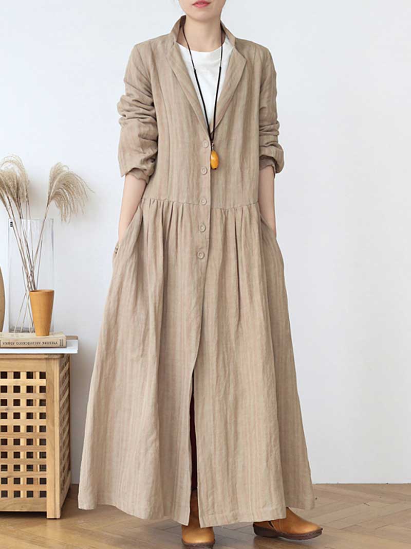 Lapel Collar Button Front Pleated Linen Duster Coat 7