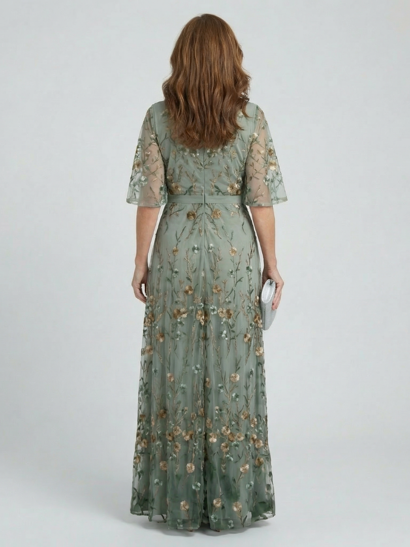 Sage Green Surplice V-Neck Floral Embroidered Flutter Sleeve Chiffon Maxi Gown 4