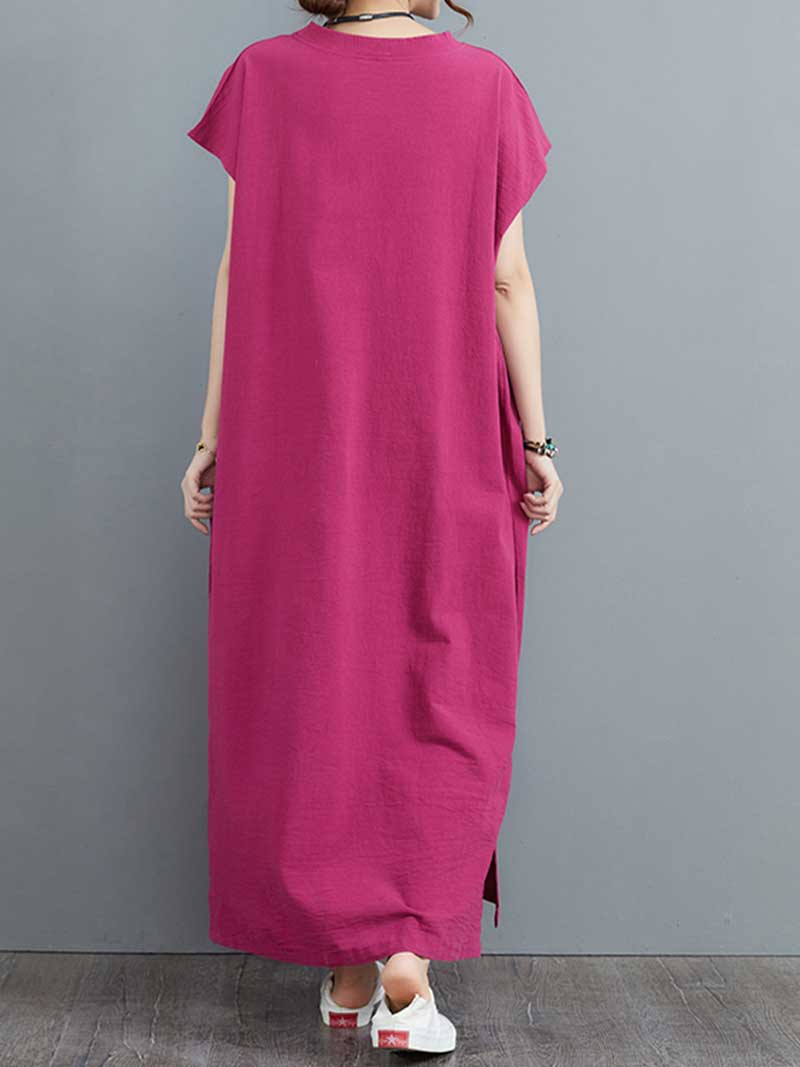 V-Neck Short Sleeve Patch Pocket Side Slit Loose Maxi Dress 3