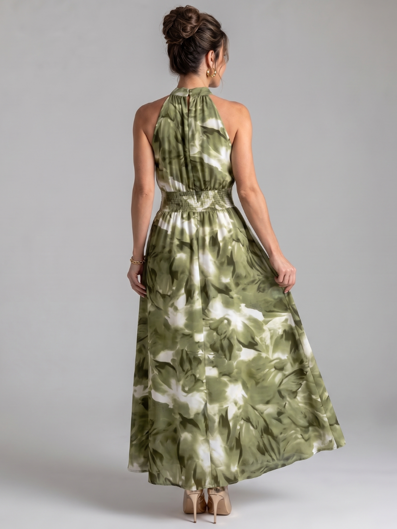 Halter Neck Abstract Floral Smocked Waist Sleeveless Maxi Dress 4