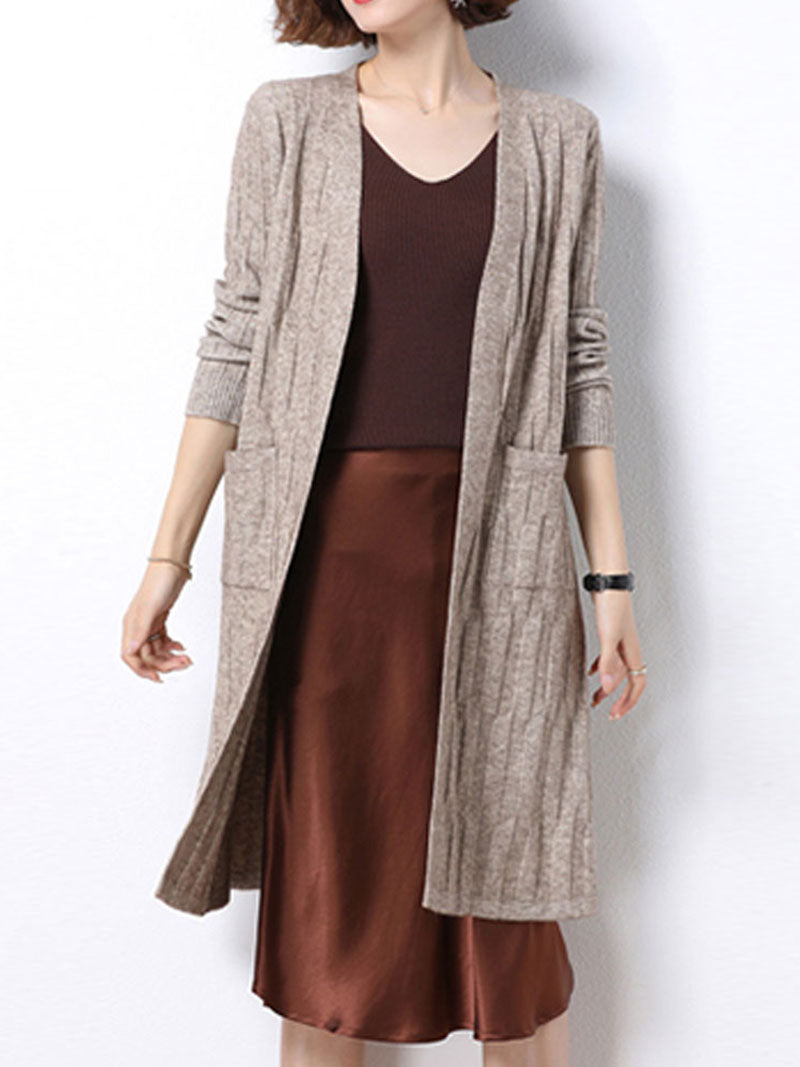 Open Front Ribbed Knit Patch Pocket Long Sleeve Cardigan 9