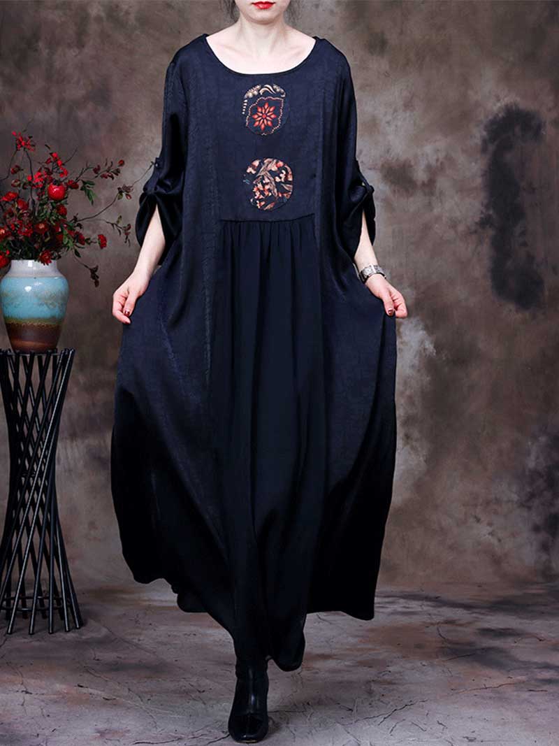 Black Round Neck Floral Embroidered Applique Loose A-Line Maxi Dress