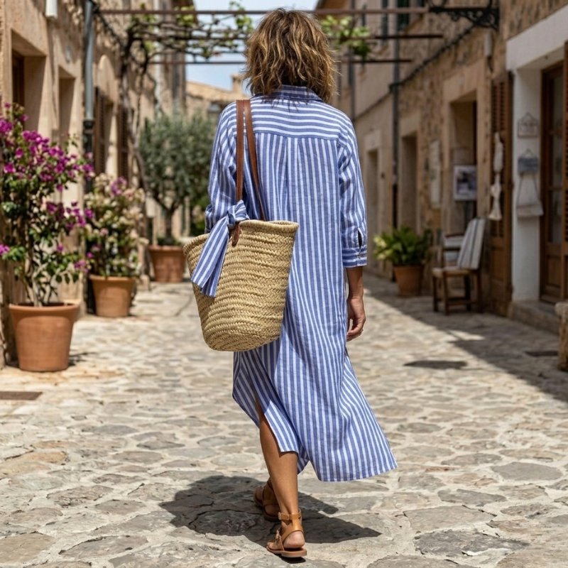 Collared Striped Button-Front Long Sleeve Shirt Maxi Dress 6