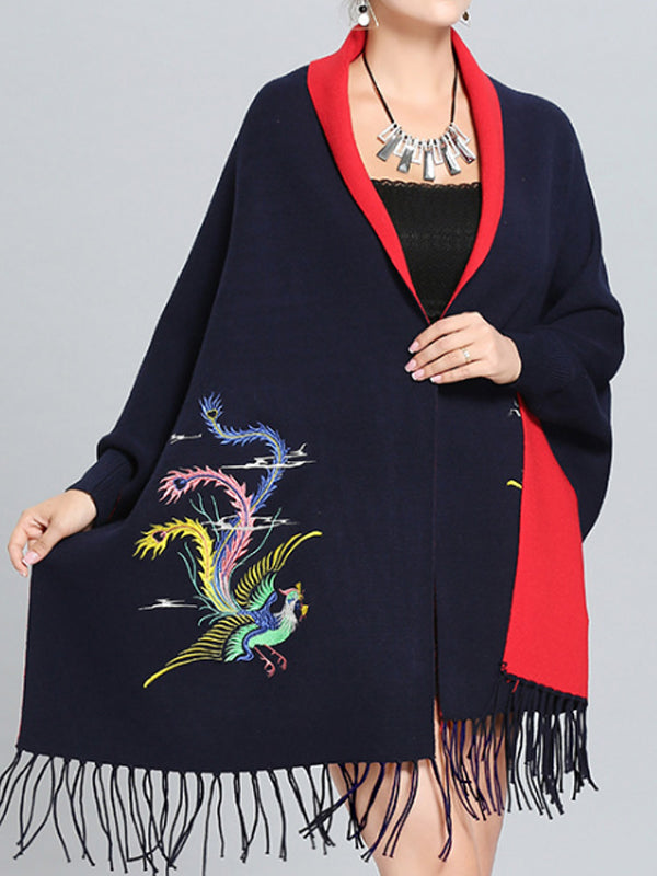 Open Front Phoenix Embroidery Fringe Hem Batwing Cape Cardigan