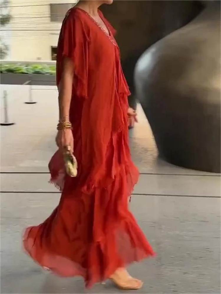 V-Neck Sequin Trim Flutter Sleeve Tiered Ruffle Chiffon Maxi Dress 9