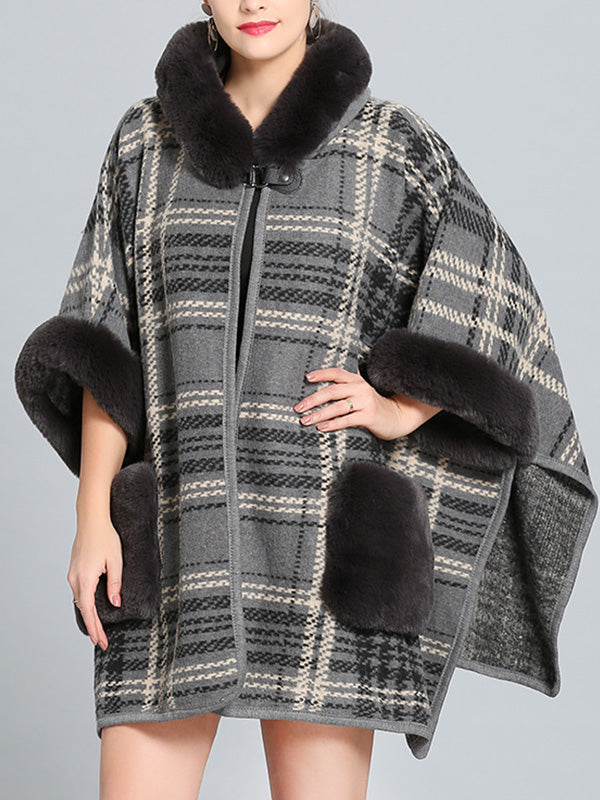 Hooded Faux Fur Trim Plaid Pocket Cape Cardigan