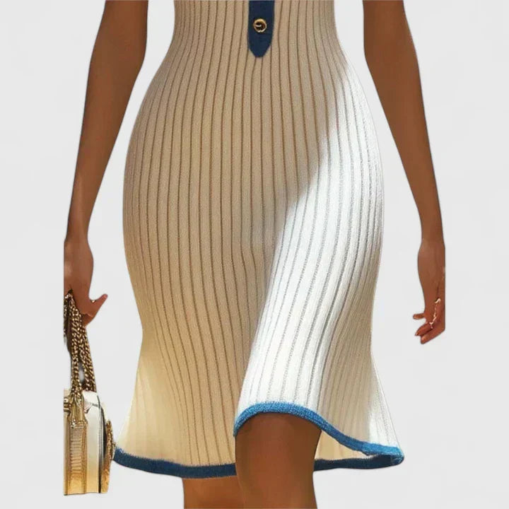 Biege V-Neck Ribbed Knit Buttoned Contrast Trim Bodycon Mini Dress 4