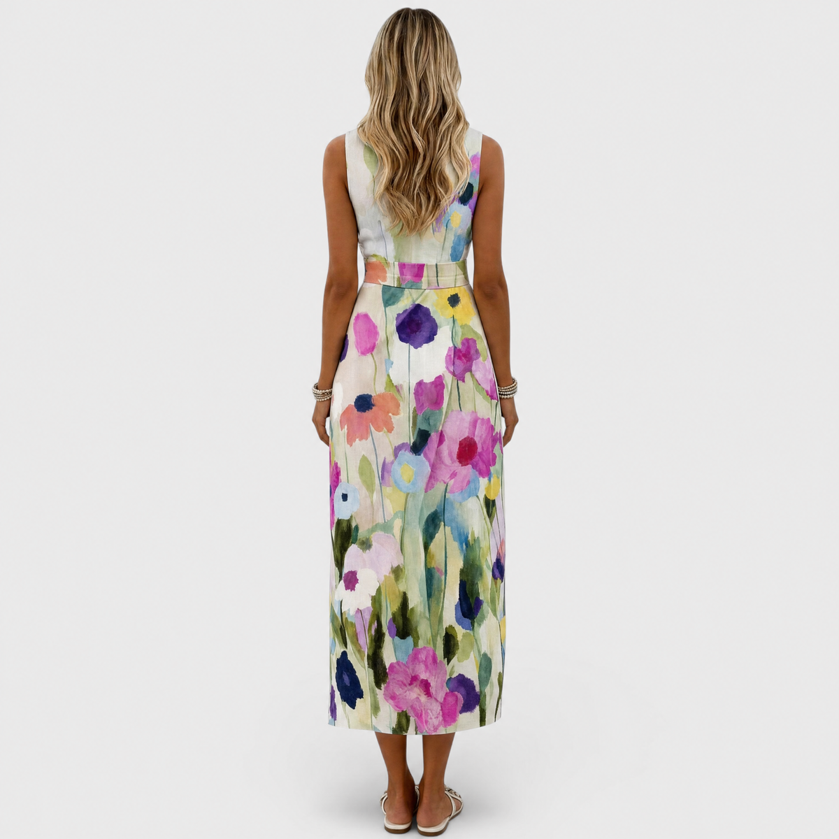 Watercolor Floral Boat Neck Watercolor Floral Sleeveless Belted Sheath Midi Dress 4