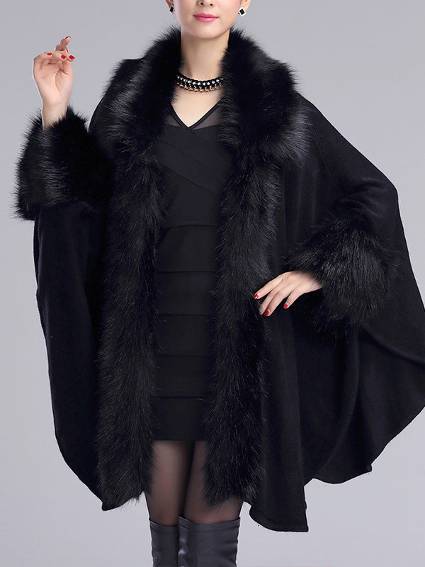 Faux Fur Trim Open Front Batwing Knit Cape Cardigan 5