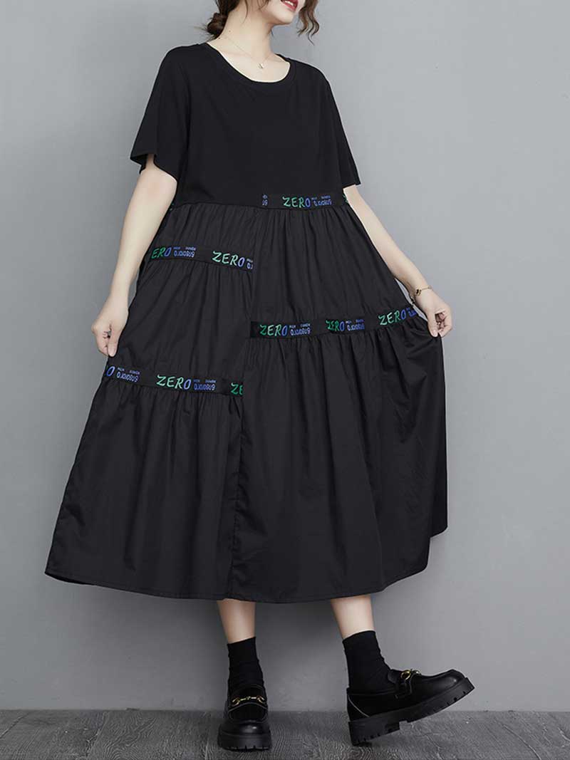 Black Round Neck Letter Tape Tiered Short Sleeve Loose Smock Midi Dress 3