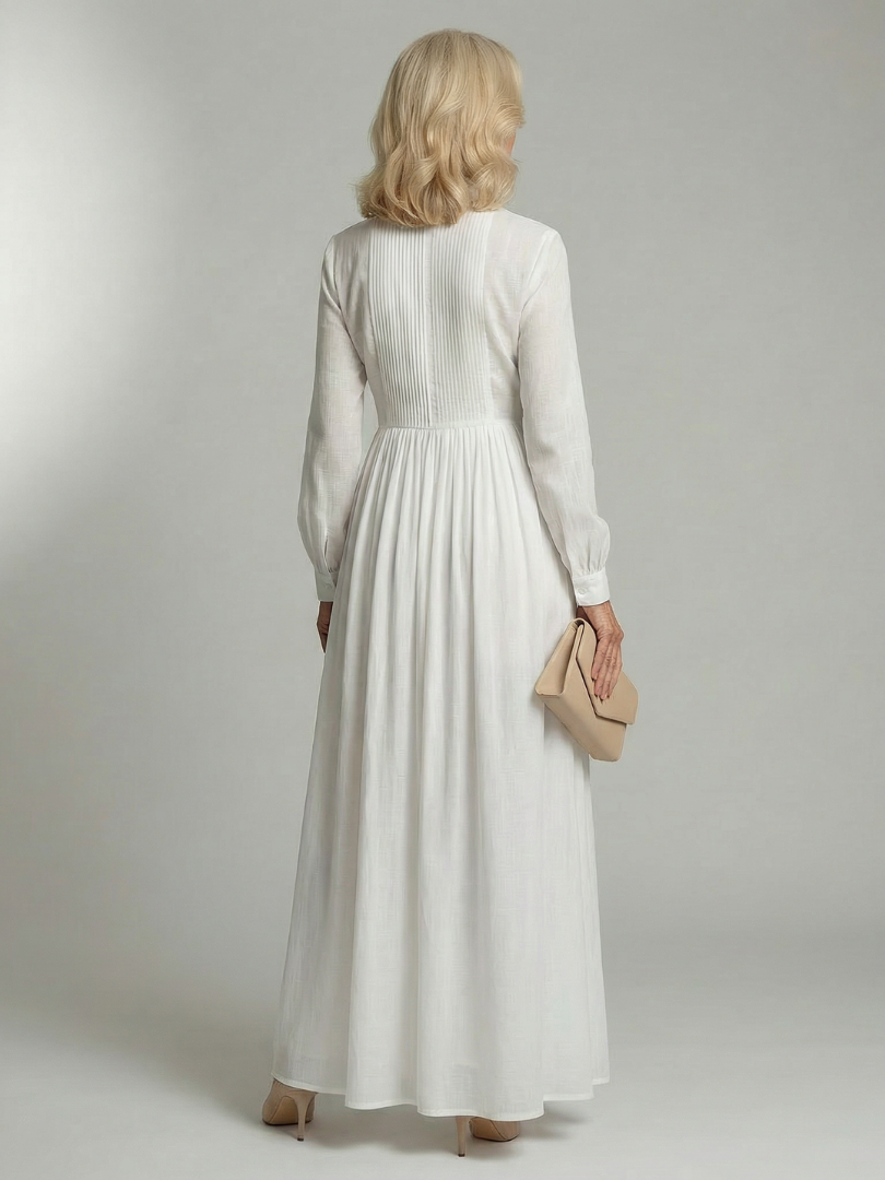 Collar Button Front Pintuck Long Sleeve A-Line Maxi Dress 4
