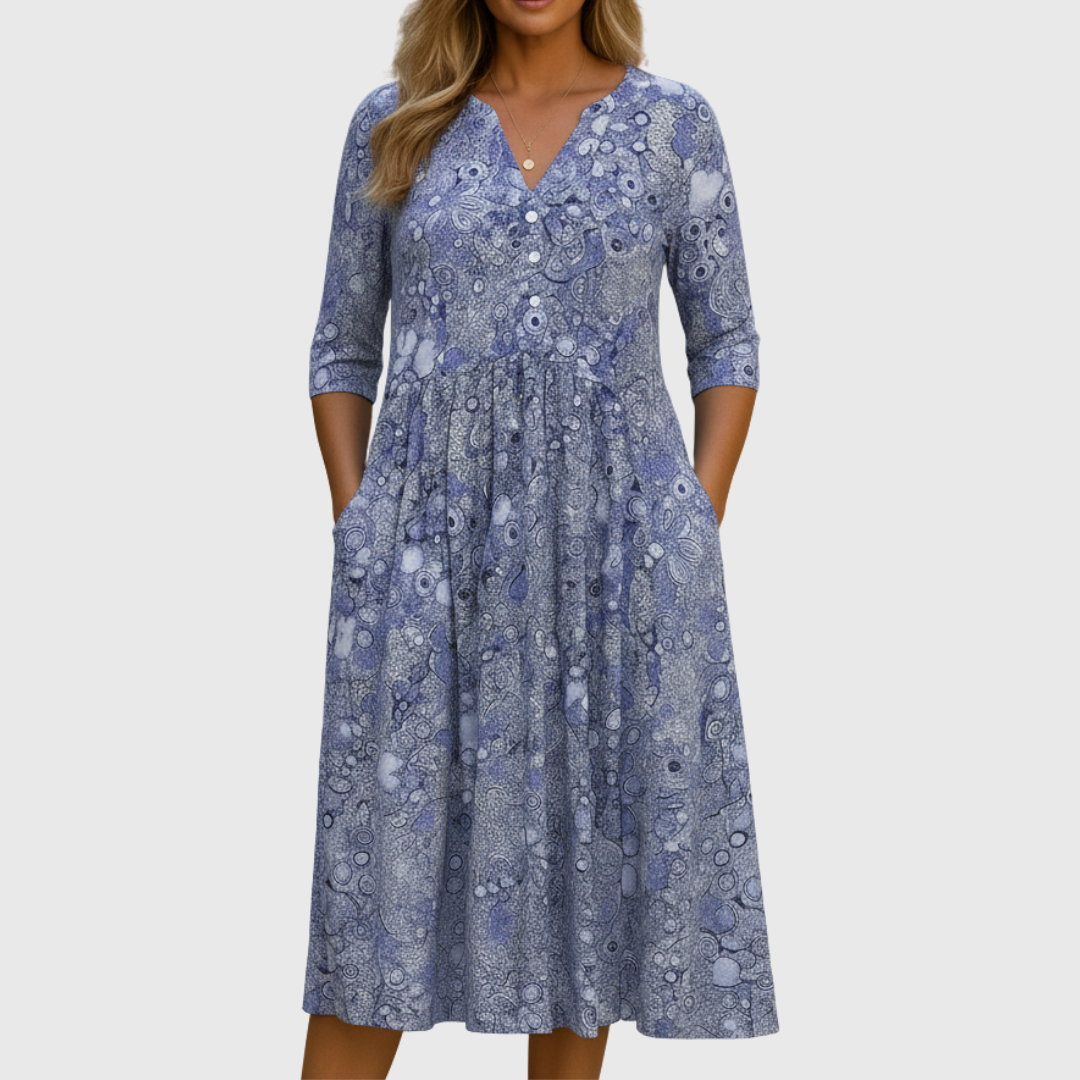 V-Neck Paisley Floral Print Three Quarter Sleeve A-Line Midi Dress 4
