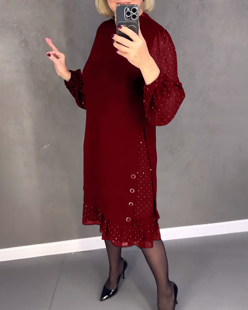 Round Neck Dot Mesh Sleeve Ruffle Hem Shift Midi Dress 13