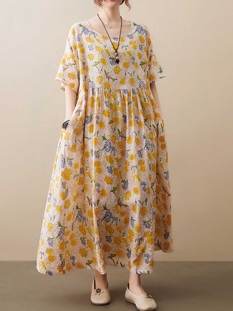 Yellow Round Neck Daisy Floral Short Sleeve Pleated Loose Maxi Dress