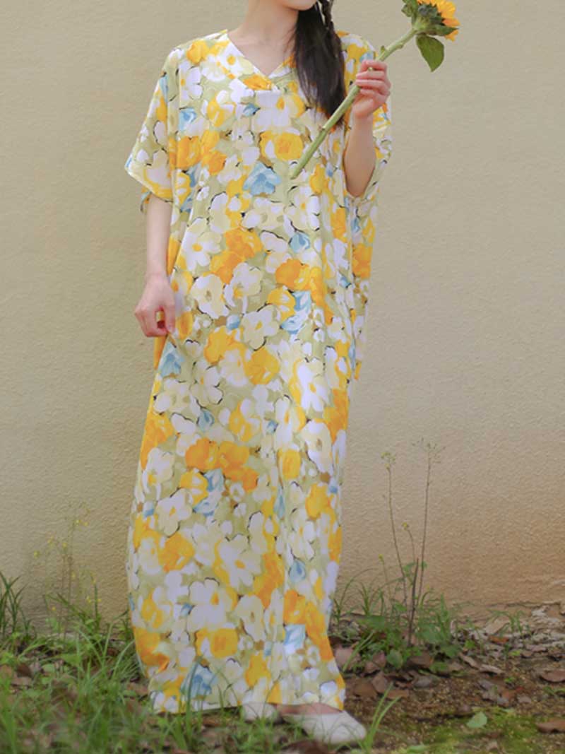 Yellow V-Neck Batwing Sleeve Watercolor Floral Loose Kaftan Maxi Dress 3