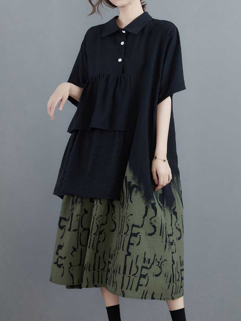 Black Collared Button Tiered Layered Abstract Print A-Line Midi Dress 4