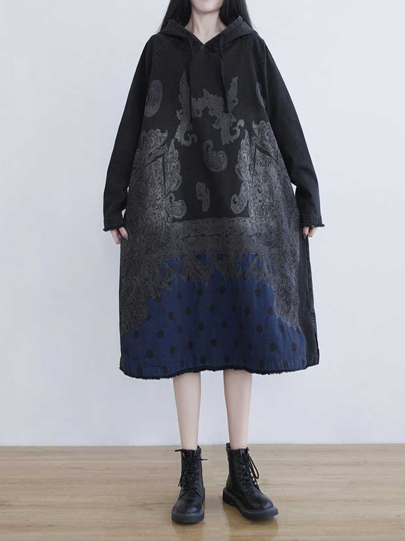 Hooded Long Sleeve Paisley Polka Dot Print Loose Denim Midi Dress