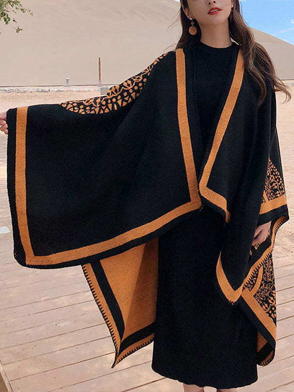 Black Open Front Contrast Border Floral Draped Cape Cardigan