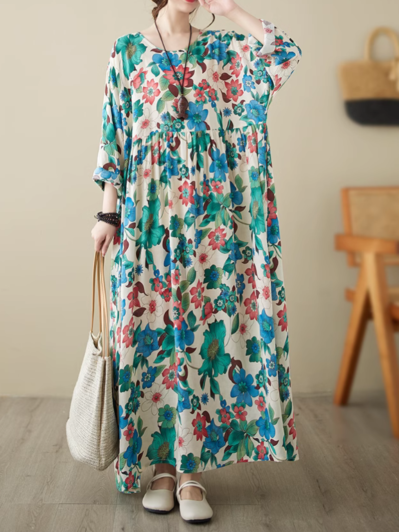 Round Neck Floral Print Long Sleeve Loose Smock Maxi Dress