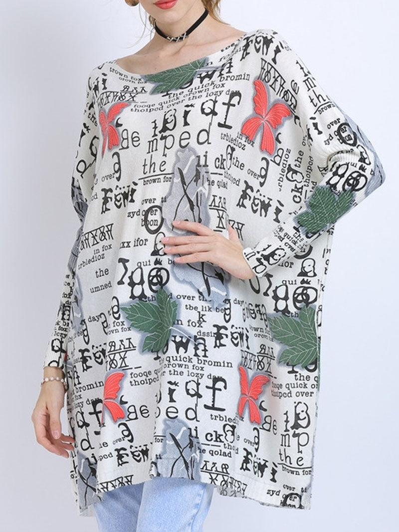Boat Neck Butterfly Letter Print Long Sleeve Knit Tunic Top 4