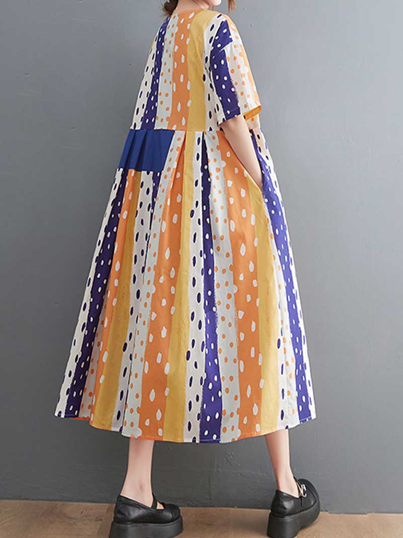 Round Neck Polka Dot Patchwork Short Sleeve Pleated A-Line Midi Dress 5