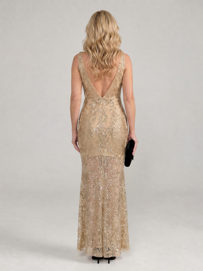 V-Neck Beaded Sequin Illusion Sleeveless Mermaid Maxi Gown 4