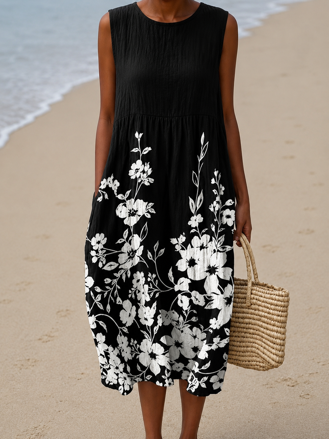 Round Neck Sleeveless Floral Print Babydoll Midi Dress