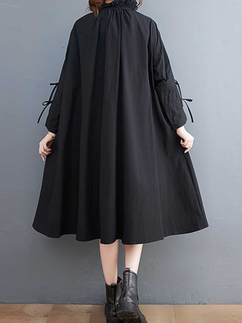 Black Ruffle Collar Button Front Tie Sleeve Loose Swing Midi Dress