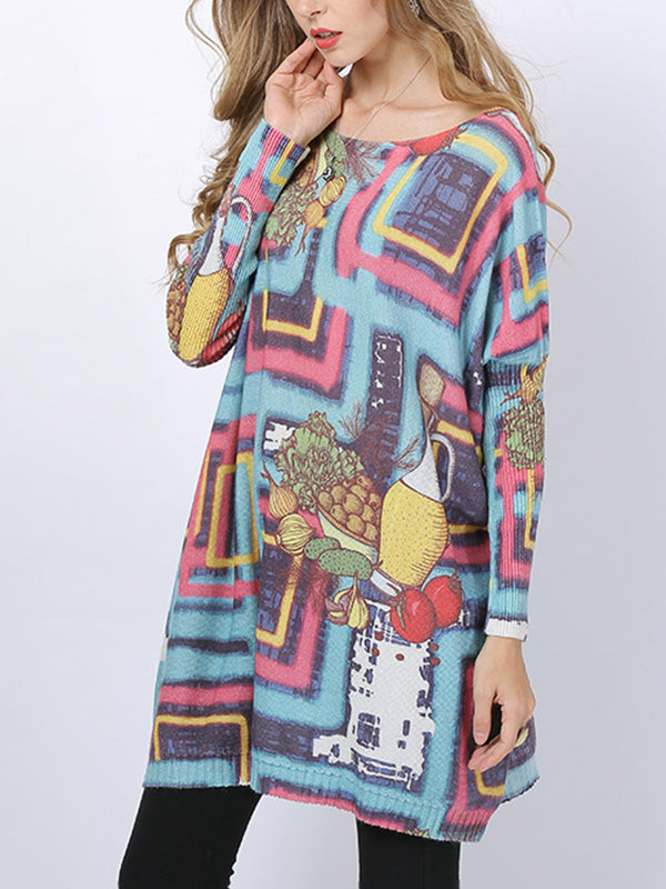 Multi Color Boat Neck Long Sleeve Abstract Geometric Print Knit Sweater 4