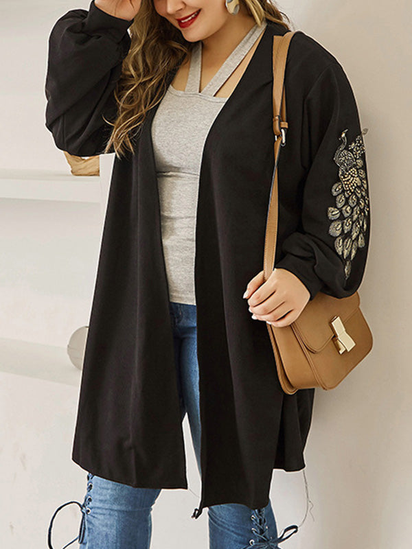 Black Open Front Peacock Embroidery Long Sleeve Longline Cardigan 4