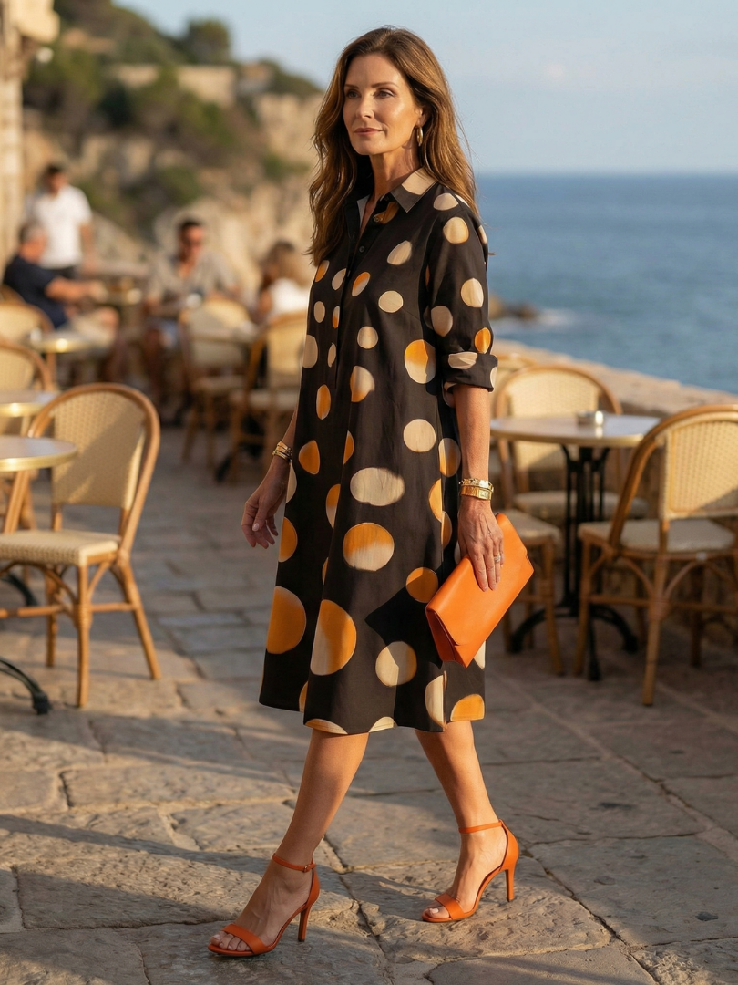 Black Collared Button Placket Oversized Polka Dot Long Sleeve Shirt Dress 2