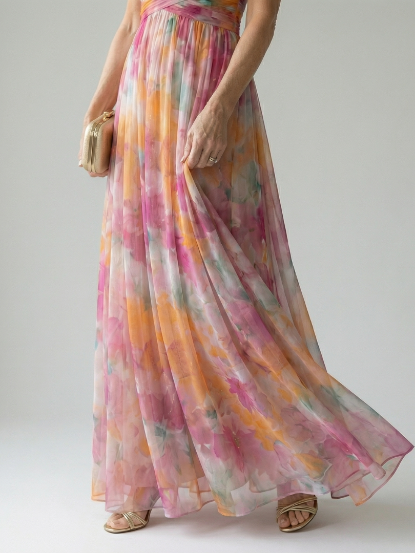 Spaghetti Strap V-Neck Floral Print Pleated Tulle Maxi Gown 4