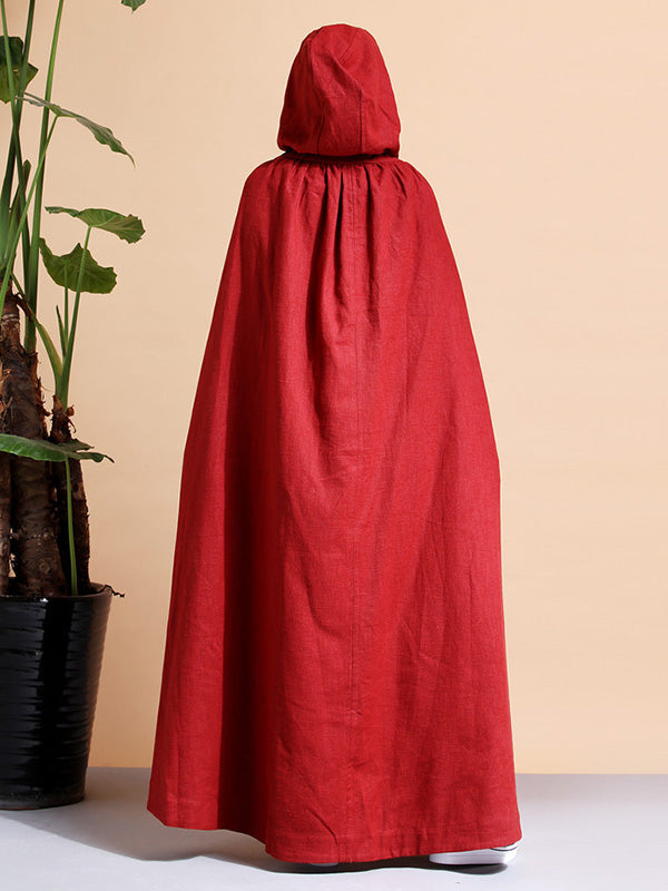 Hooded Open Front Linen Long Cape Coat