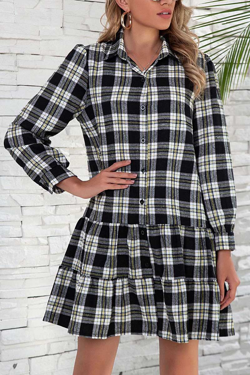 Florcoo Plaid Shirt Long Sleeve Single Dress