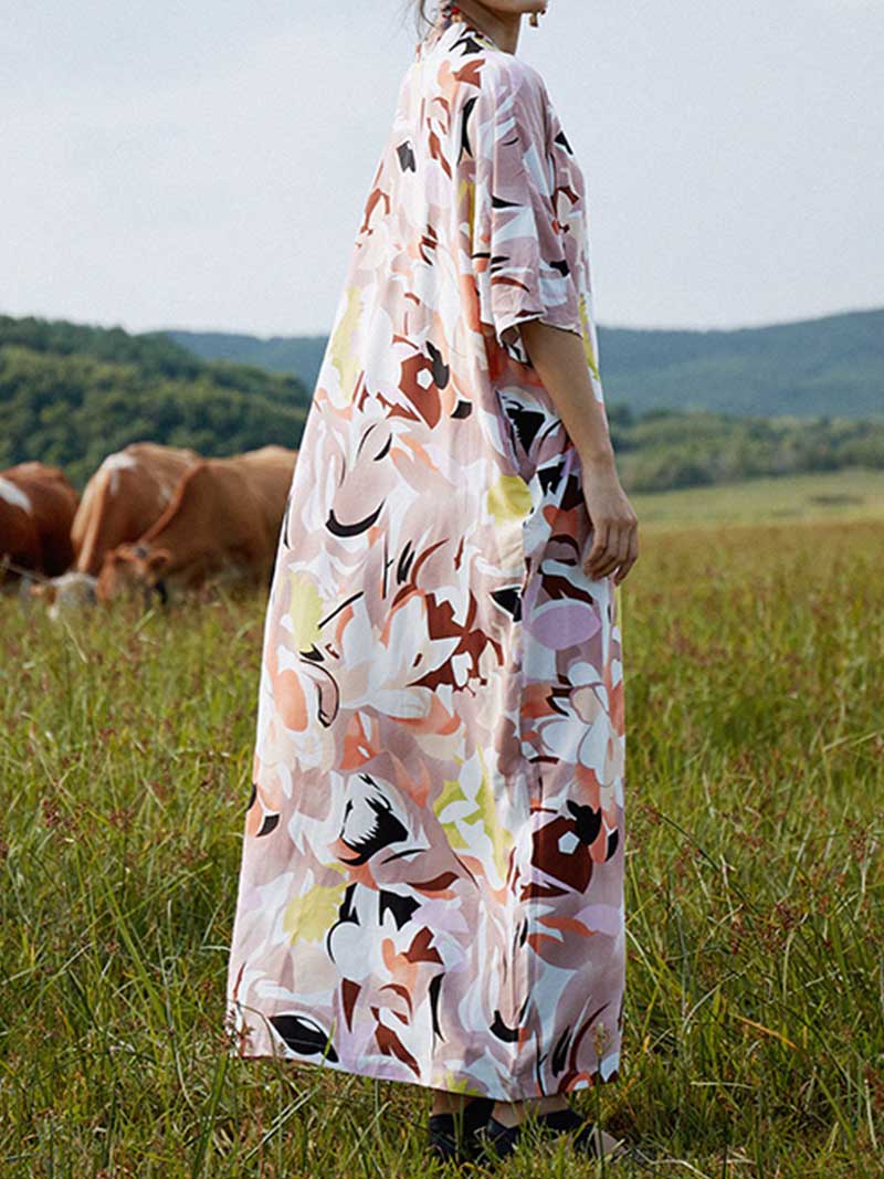 Multicolor V-Neck Half Sleeve Abstract Floral Print Kaftan Maxi Dress