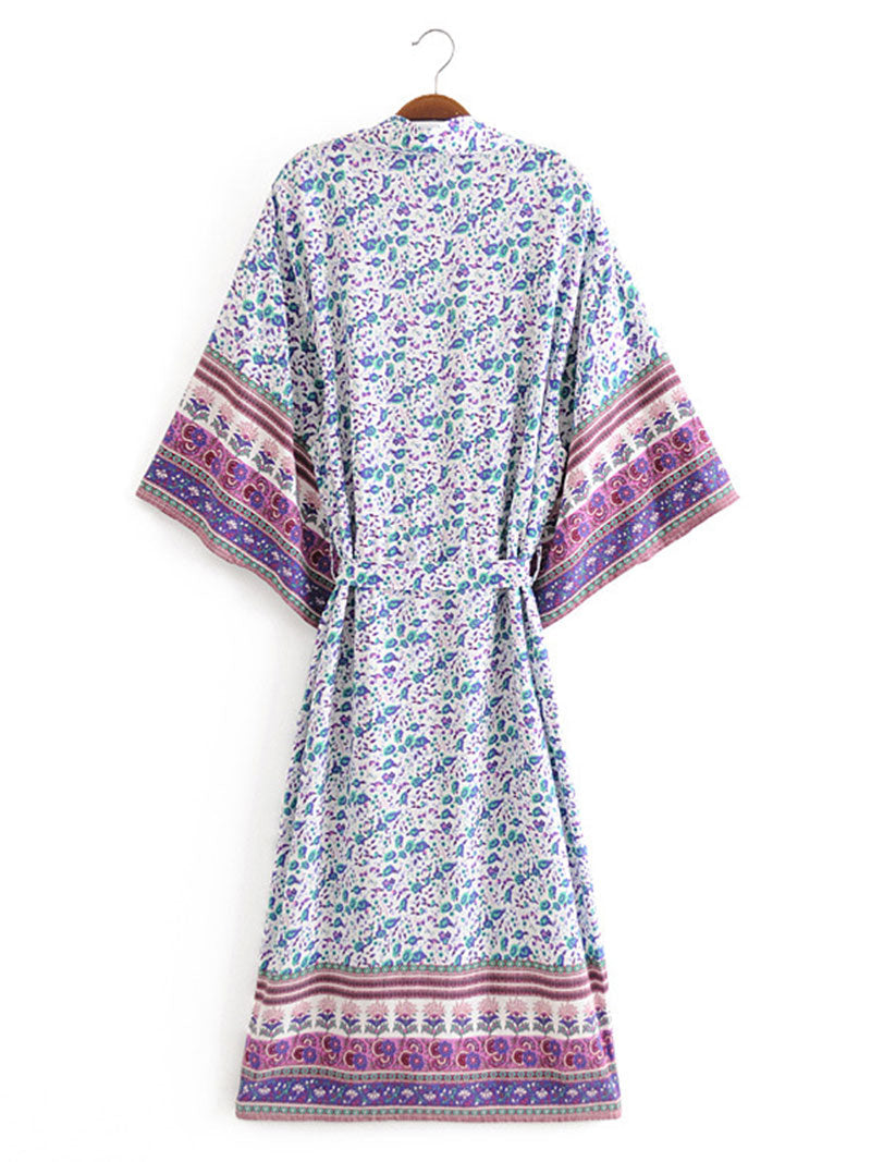 Ditsy Floral Print Wide Sleeve Bordered Long Kimono Robe