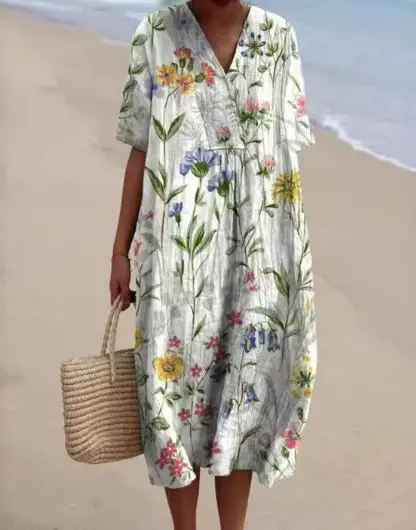 V-Neck Short Sleeve Vintage Rose Floral Linen Midi Dress