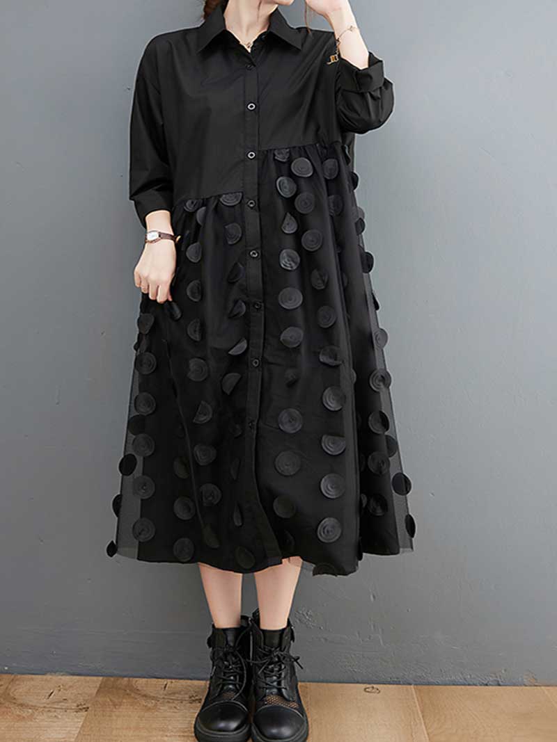 Black Collared Button Front Textured Dot Loose Midi Dress 4
