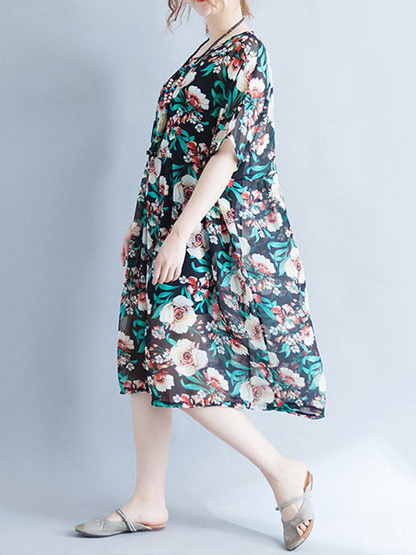 Multi Color Round Neck Short Sleeve Floral Print Loose Smock Midi Dress 3