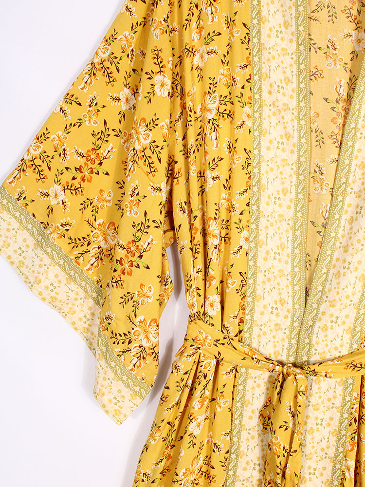 Yellow Ditsy Floral Print Open Front Long Kimono Robe 7