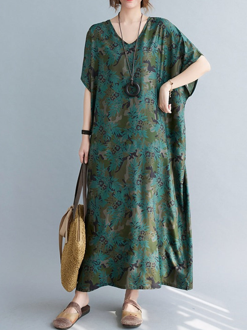 Green V-Neck Batwing Sleeve Floral Print Loose Kaftan Maxi Dress