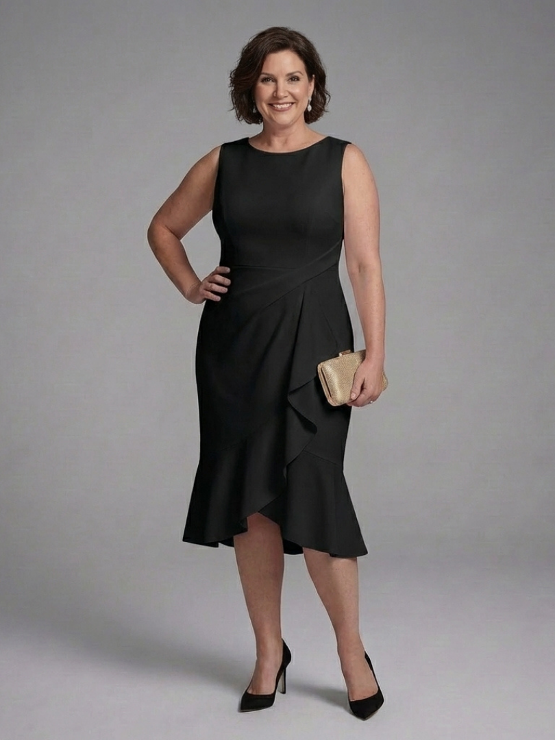 Boat Neck Ruched Asymmetric Ruffle Hem Mermaid Midi Dress 5