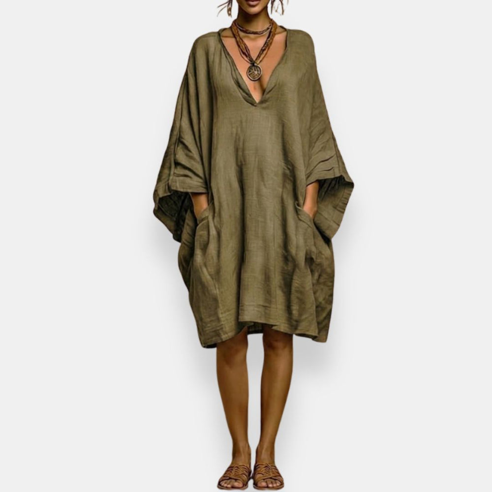 V-Neck Batwing Sleeve Linen Oversized Pocket Midi Dress 5